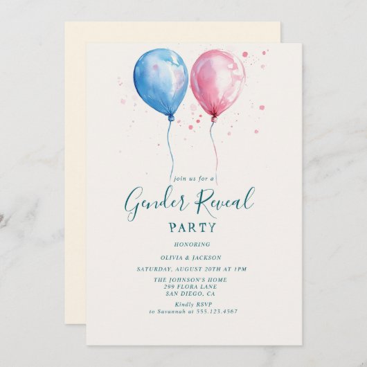 Roze en blauwe ballonnen Genderpartij Kaart (Voorkant / Achterkant)