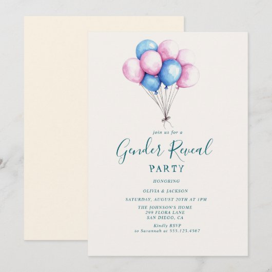 Roze en blauwe ballonnen Genderpartij Kaart (Voorkant / Achterkant)