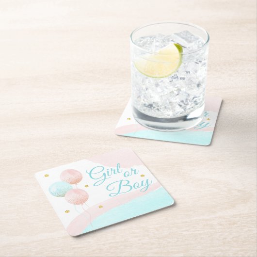 Roze en blauwe ballonnen jongen of meisje kartonnen onderzetters (Insitu)