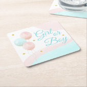 Roze en blauwe ballonnen jongen of meisje kartonnen onderzetters (Schuin)