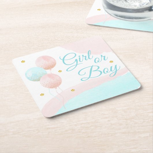 Roze en blauwe ballonnen jongen of meisje kartonnen onderzetters (Schuin)