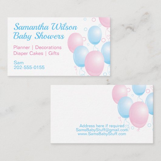 Roze en blauwe ballonnen visitekaartje (Voorkant / Achterkant)