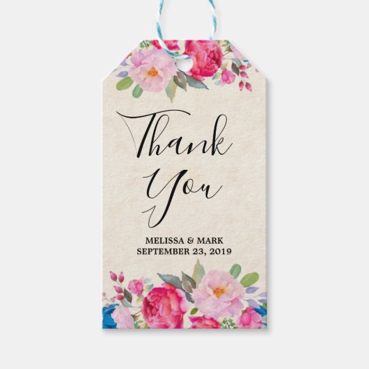 Roze en Blauwe Bloem Frame Fancy Dank Je Cadeaulabel (Voorkant)