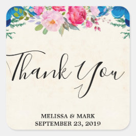 Roze en Blauwe Bloem Grens Bruiloft Dank U Vierkante Sticker