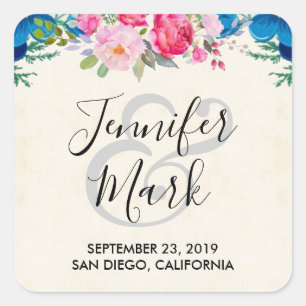 Roze en Blauwe Bloem Grens Bruiloft Vierkante Sticker