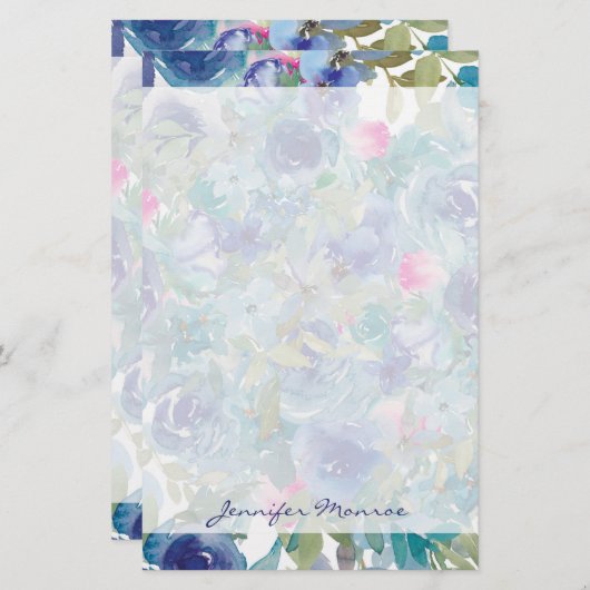 Roze en blauwe bloem op maat briefpapier (Voorkant / Achterkant)