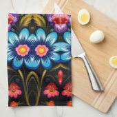 Roze en blauwe bloem theedoek (Quarter Fold)