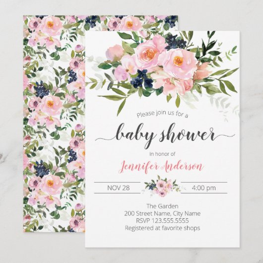 Roze en Blauwe Bloemen Baby shower Kaart (Voorkant / Achterkant)