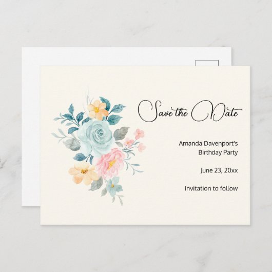 Roze en blauwe bloemen - Birthday Save the Date Uitnodiging Briefkaart (Voorkant / Achterkant)