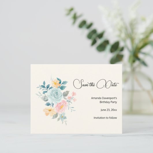 Roze en blauwe bloemen - Birthday Save the Date Uitnodiging Briefkaart (Staand voorkant)