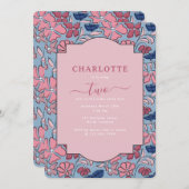 Roze en Blauwe Bloemen Bloem Print Meisje Verjaard Kaart (Voorkant / Achterkant)