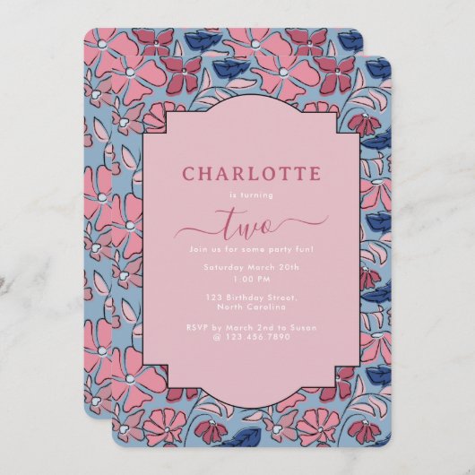 Roze en Blauwe Bloemen Bloem Print Meisje Verjaard Kaart (Voorkant / Achterkant)