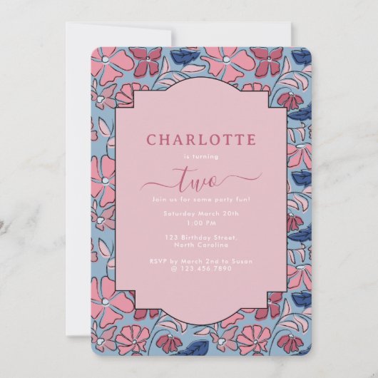 Roze en Blauwe Bloemen Bloem Print Meisje Verjaard Kaart (Voorkant)