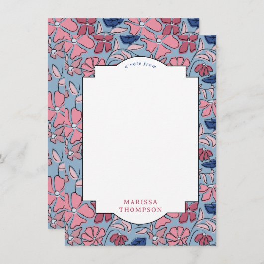 Roze en Blauwe Bloemen Blok Print Boy Verjaardag Notitiekaartje (Voorkant / Achterkant)