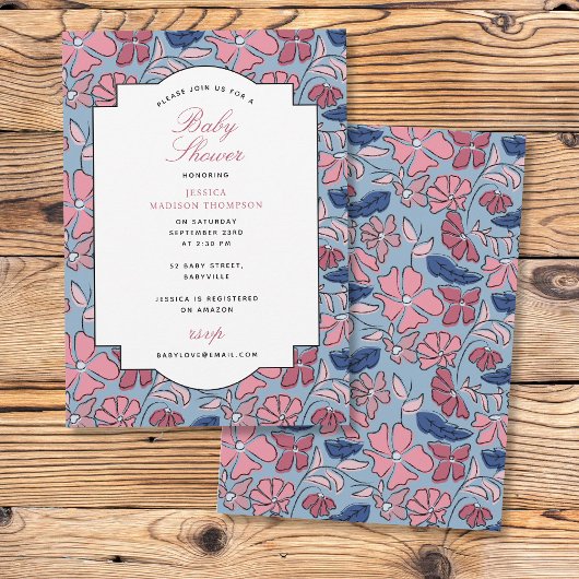 Roze en Blauwe Bloemen Blok Print Meisje Baby show Kaart