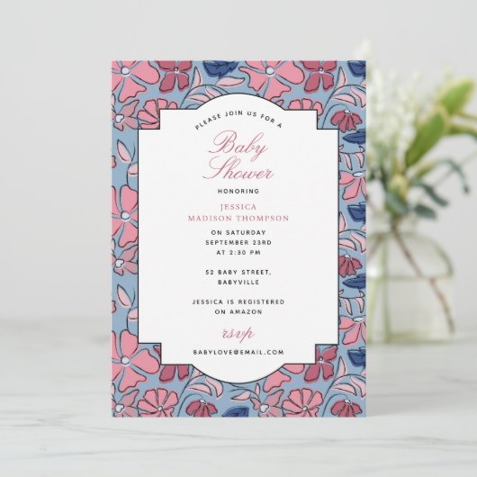 Roze en Blauwe Bloemen Blok Print Meisje Baby show Kaart (Staand voorkant)