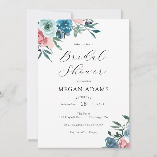 Roze en Blauwe Bloemen Bridal Shower Uitnodiging (Voorkant)