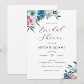 Roze en Blauwe Bloemen Bridal Shower Uitnodiging (Voorkant / Achterkant)