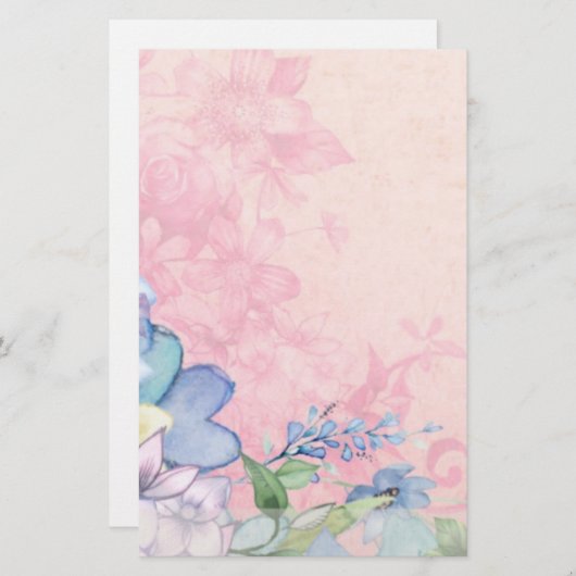  roze en blauwe bloemen briefpapier (Voorkant / Achterkant)
