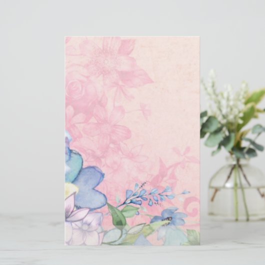  roze en blauwe bloemen briefpapier (Staand voorkant)