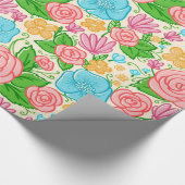 Roze en blauwe bloemen cadeaupapier (Hoek)