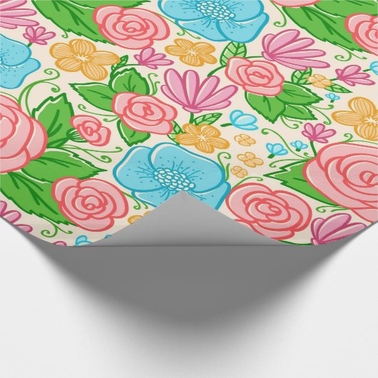 Roze en blauwe bloemen cadeaupapier (Hoek)