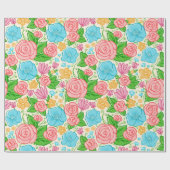 Roze en blauwe bloemen cadeaupapier (Vlak)