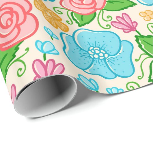 Roze en blauwe bloemen cadeaupapier (Rol Hoek)