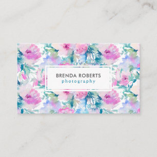 Roze en blauwe bloemen collagepatroon visitekaartje