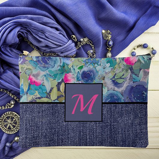 Roze en blauwe bloemen- en denimmonogram etui
