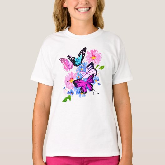 Roze en blauwe bloemen en vlinder t-shirt (Voorkant)