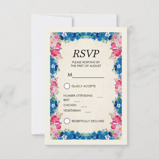 Roze en Blauwe Bloemen Fancy Elegant RSVP Kaart (Voorkant)