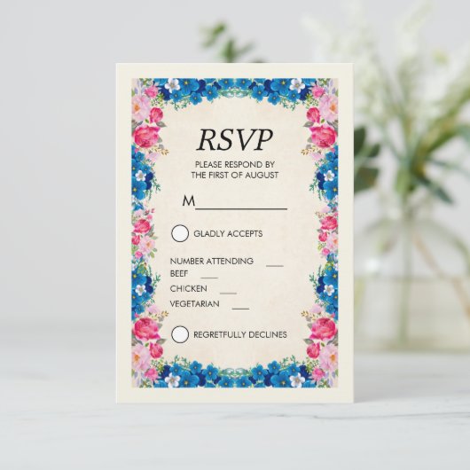 Roze en Blauwe Bloemen Fancy Elegant RSVP Kaart (Staand voorkant)