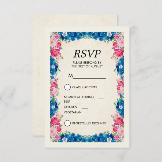 Roze en Blauwe Bloemen Fancy Elegant RSVP Kaart (Voorkant / Achterkant)