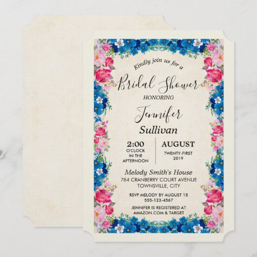 Roze en Blauwe Bloemen Fancy Elegant Vrijgezellenf Kaart (Voorkant / Achterkant)