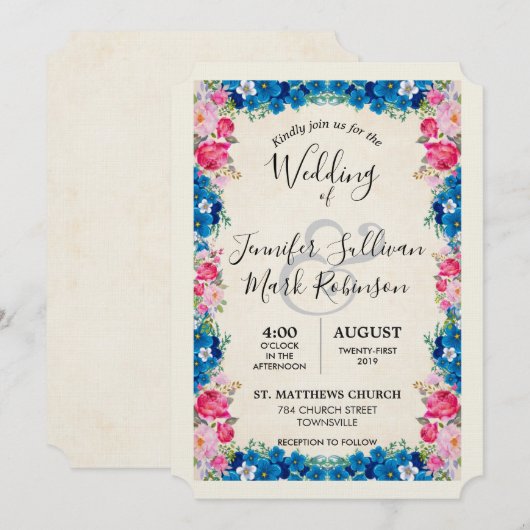 Roze en Blauwe Bloemen Fancy Elegant Wedding Kaart (Voorkant / Achterkant)