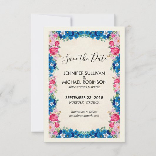 Roze en Blauwe Bloemen Fancy Elegant Wedding Save The Date (Voorkant)