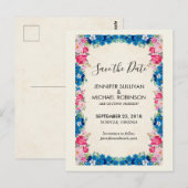 Roze en Blauwe Bloemen Fancy Weddenschap sparen de Briefkaart (Voorkant / Achterkant)