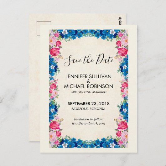 Roze en Blauwe Bloemen Fancy Weddenschap sparen de Briefkaart (Voorkant / Achterkant)