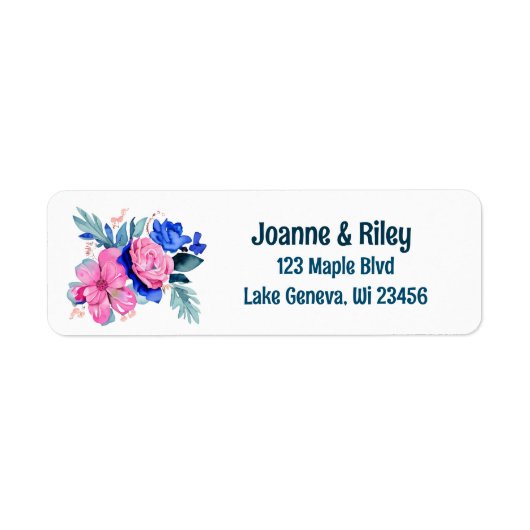  roze en blauwe bloemen gepersonaliseerd etiket (Voorkant)