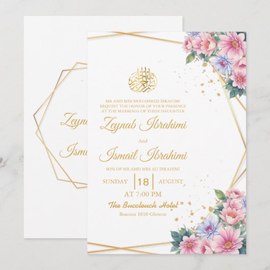 Roze en Blauwe Bloemen Goud Islamitische Moslim Hu Kaart (Voorkant / Achterkant)