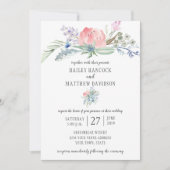 Roze en blauwe bloemen groen bruiloft uitnodiging (Voorkant)