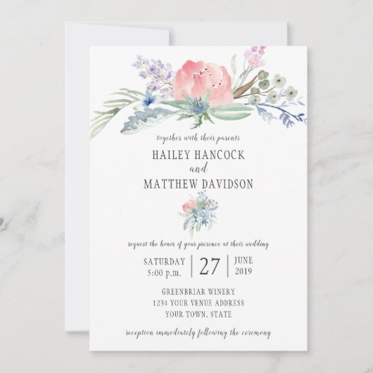 Roze en blauwe bloemen groen bruiloft uitnodiging (Voorkant)