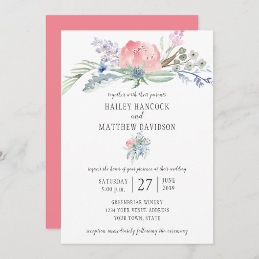 Roze en blauwe bloemen groen bruiloft uitnodiging (Voorkant / Achterkant)