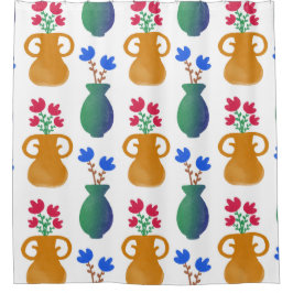 Roze en blauwe bloemen in potten douchegordijn