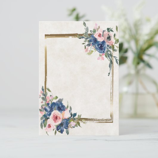 Roze en blauwe bloemen met gouden lijst kaart (Staand voorkant)