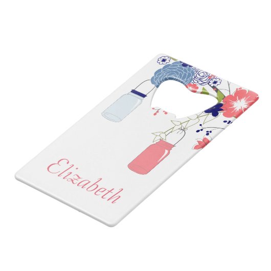  Roze en Blauwe Bloemen met Mason Jars Creditkaart Flessenopener (Voorkant Gekanteld)