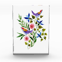 Roze en blauwe bloemen met vogels Aquarel