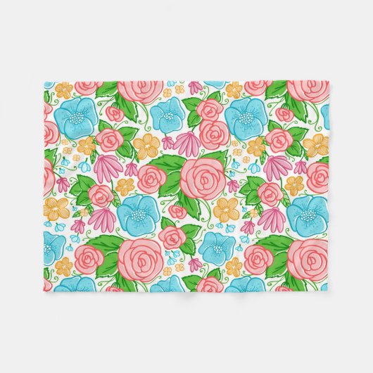 Roze en blauwe bloemen op blauwe achtergrond fleece deken (Voorkant (Horizontaal))