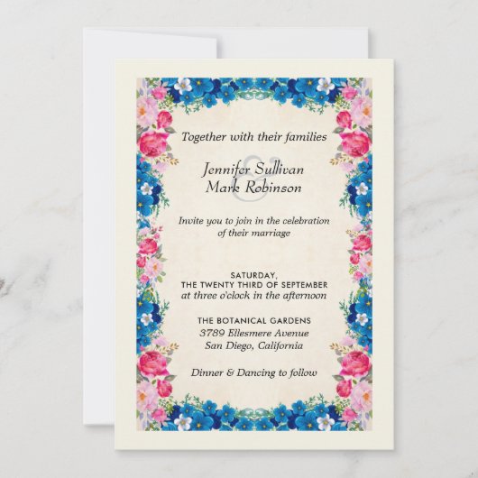 Roze en blauwe bloemen op Faux Parchment Wedding Kaart (Voorkant)